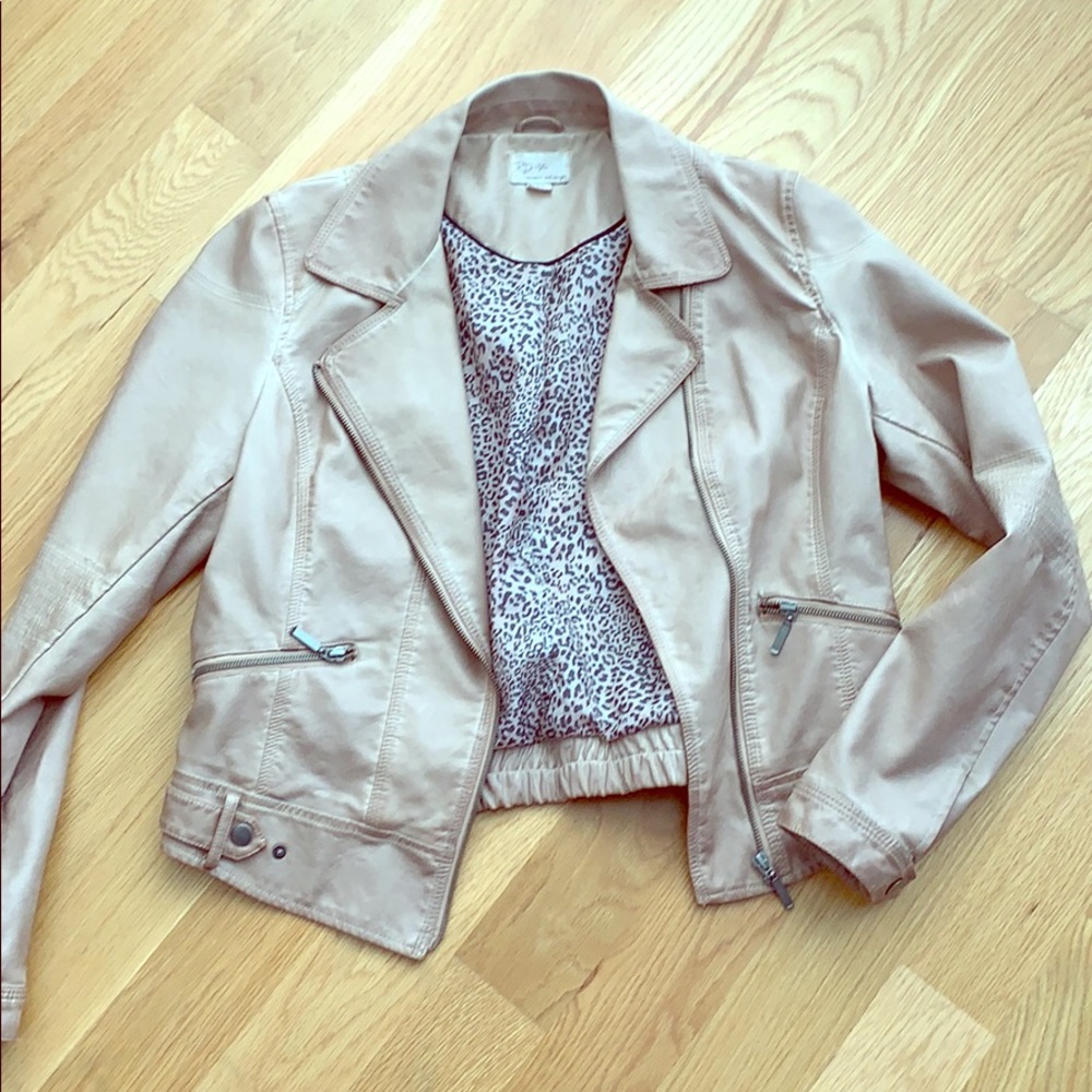 Tan vegan leather moto with leopard print lining